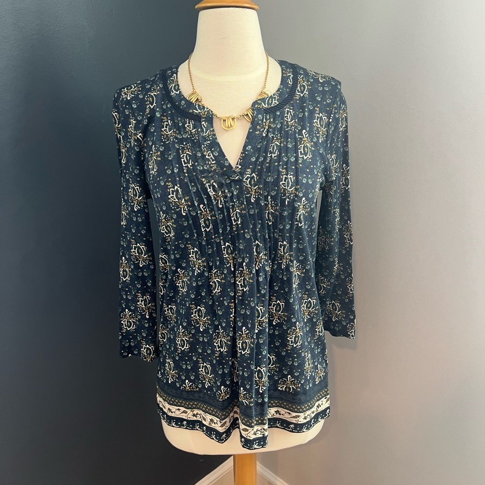 Lucky Brand Navy Blue Floral Boho Peasant Top 3/4 Sleeve Blouse